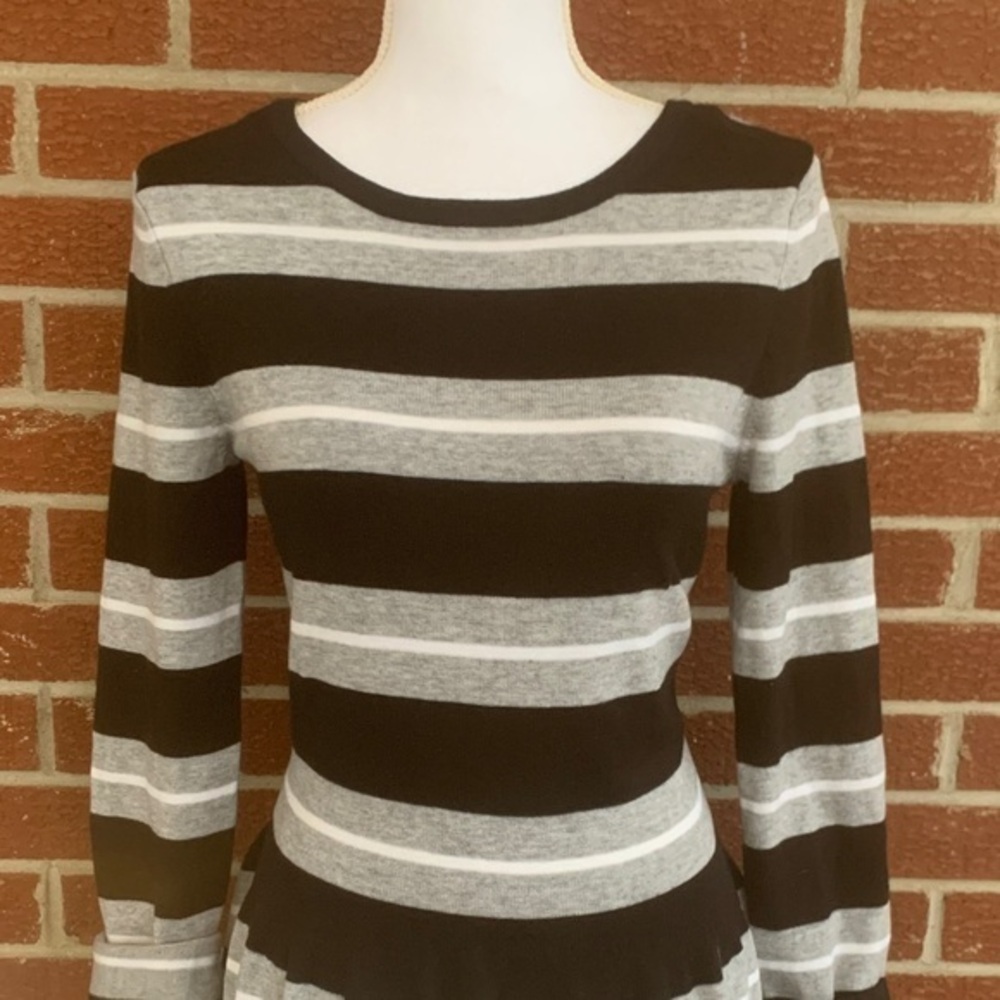 Vince Camuto Black and Gray Striped Long Sleeve Dress